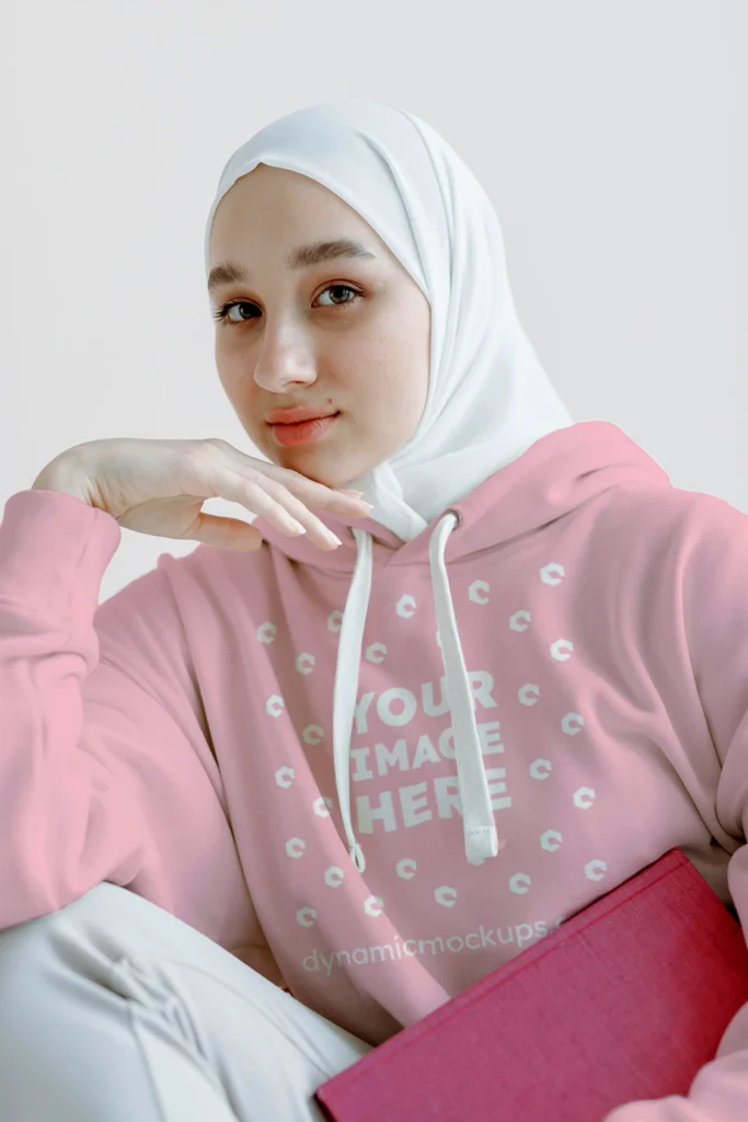 Woman Wearing Pink Hoodie Mockup Front View Template