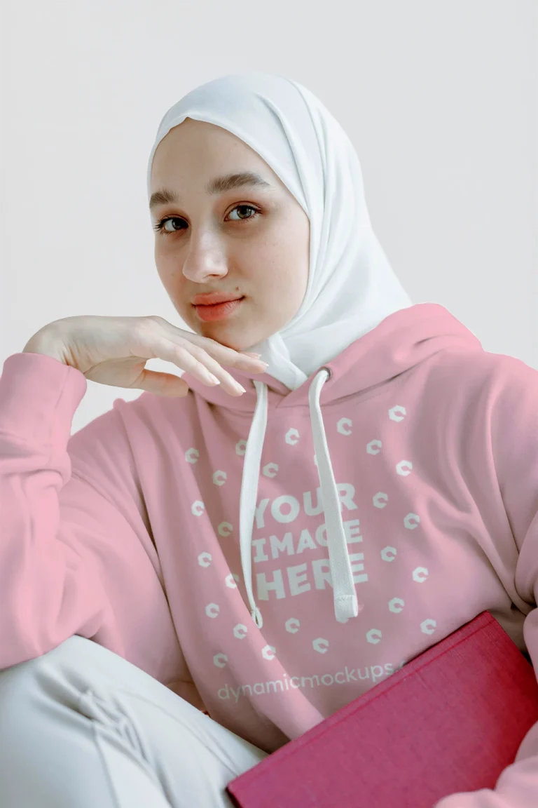 Woman Wearing Pink Hoodie Mockup Front View Template
