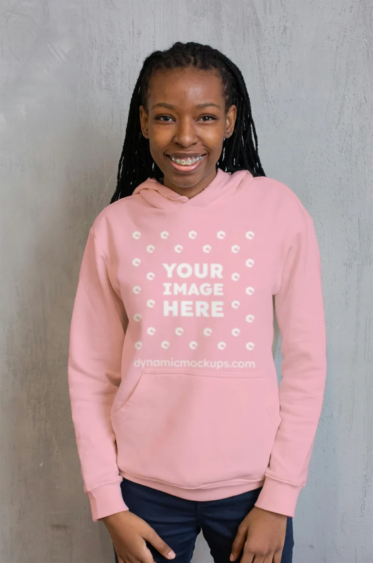 Woman Wearing Pink Hoodie Mockup Front View Template