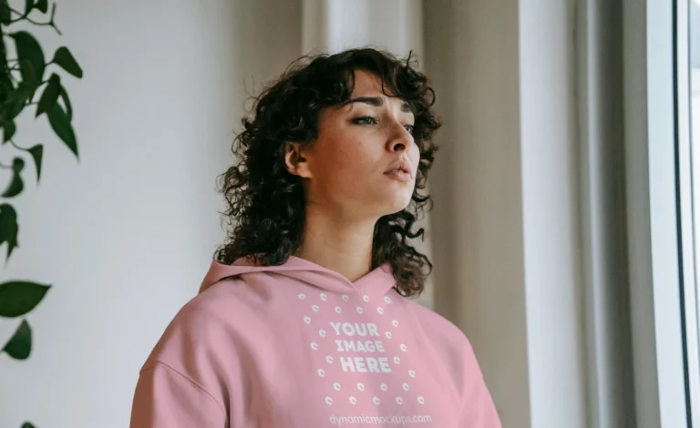 Woman Wearing Pink Hoodie Mockup Front View Template