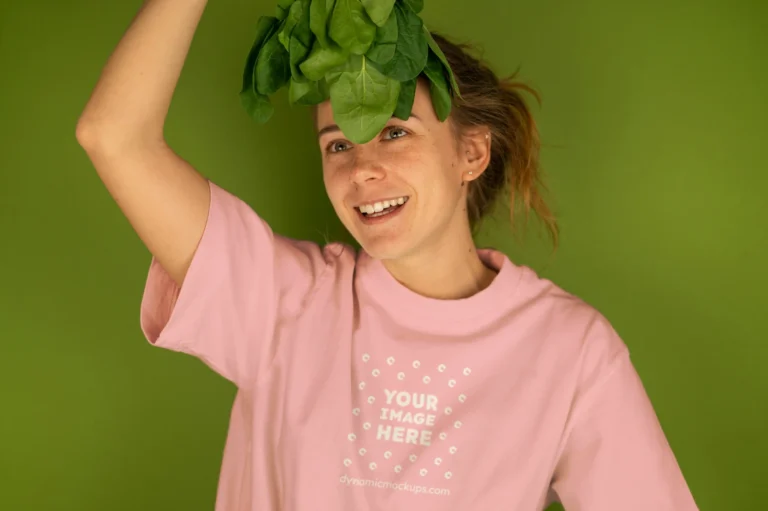 Woman Wearing Pink T-shirt Mockup Front View Template