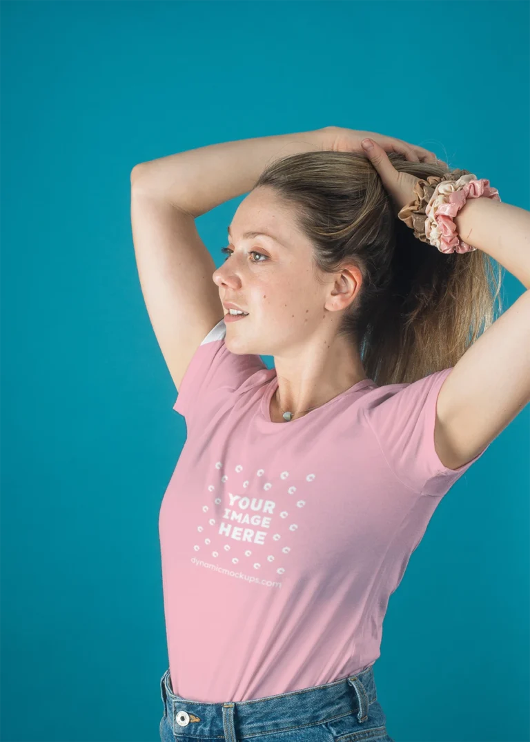 Woman Wearing Pink T-shirt Mockup Front View Template