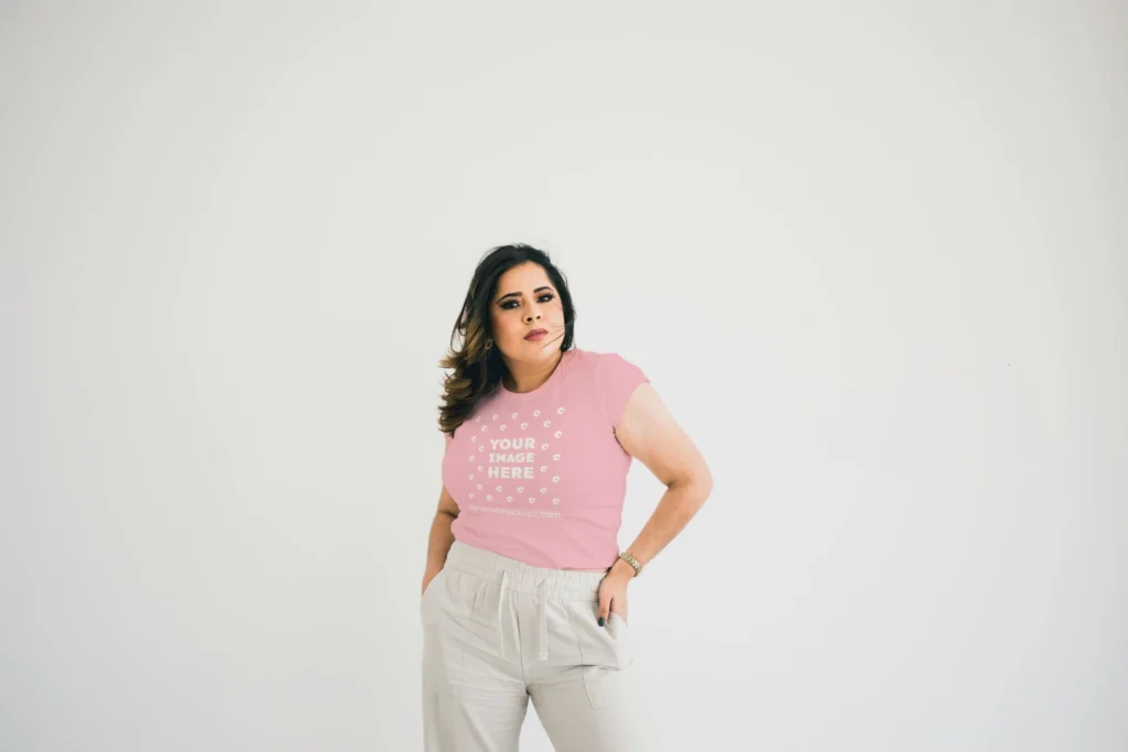 Woman Wearing Pink T-shirt Mockup Front View Template