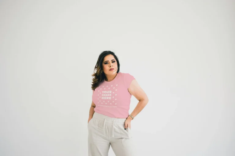 Woman Wearing Pink T-shirt Mockup Front View Template