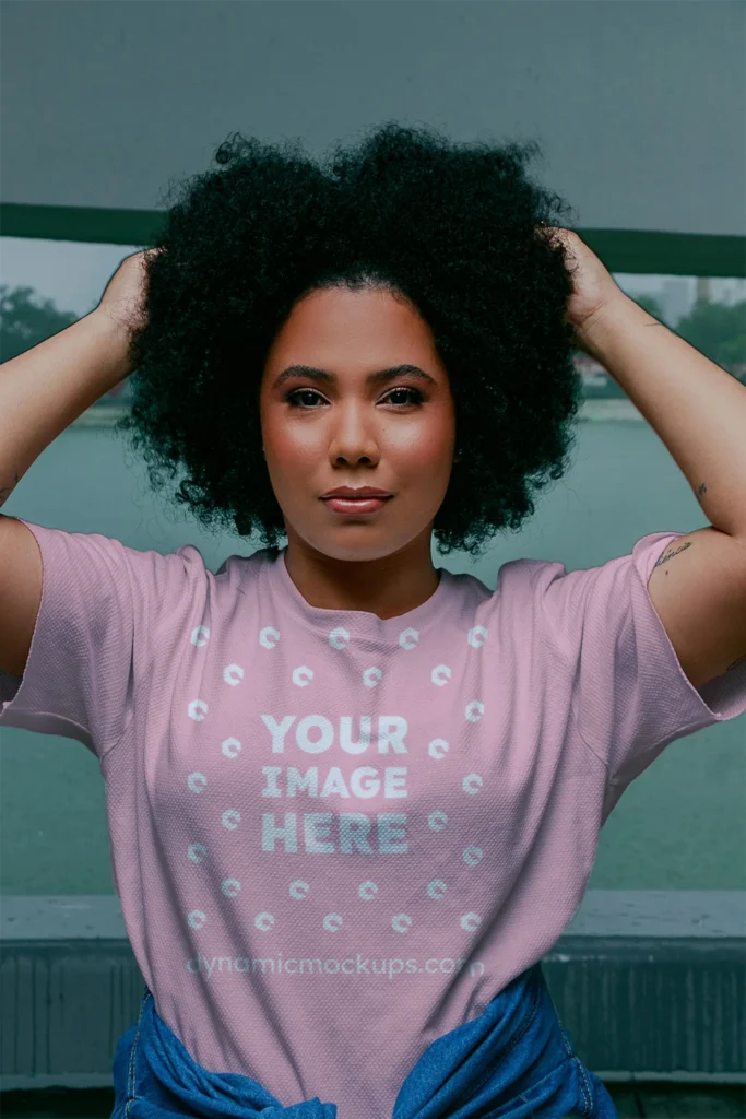 Woman Wearing Pink T-shirt Mockup Front View Template