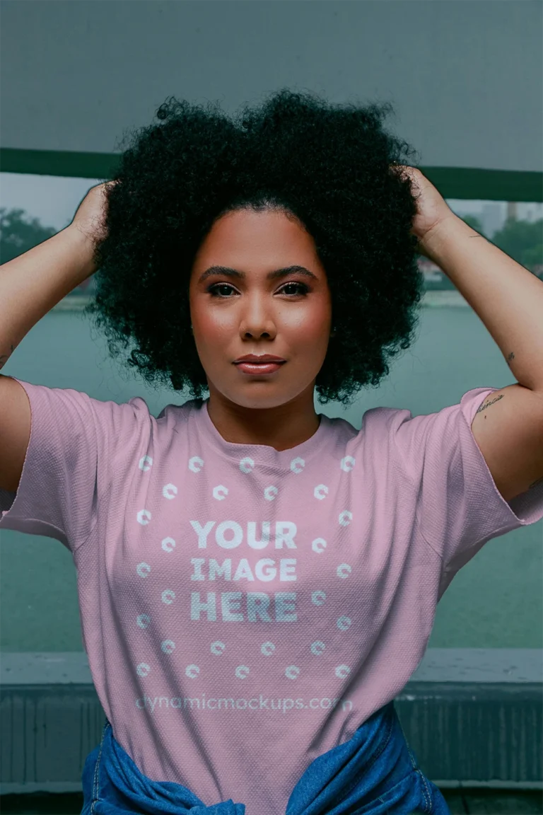 Woman Wearing Pink T-shirt Mockup Front View Template