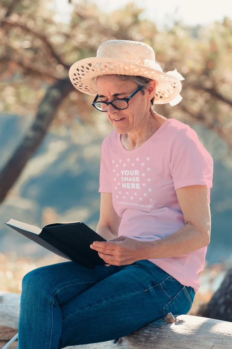Woman Wearing Pink T-shirt Mockup Front View Template