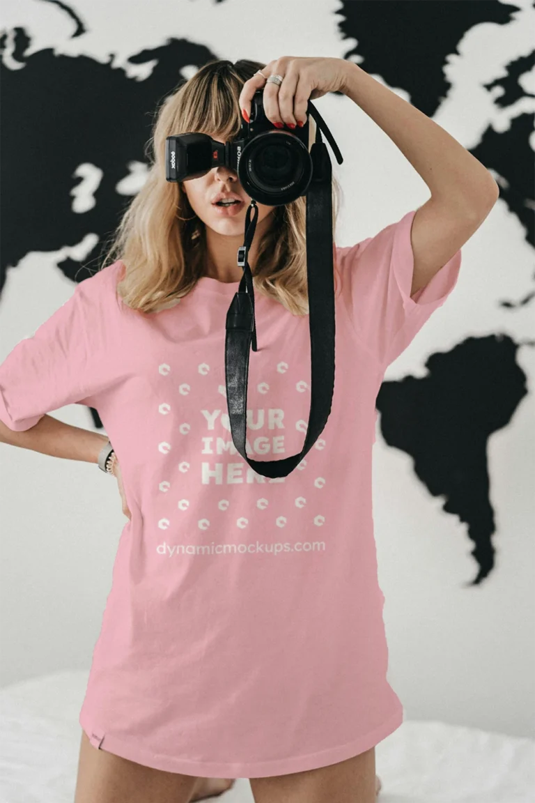 Woman Wearing Pink T-shirt Mockup Front View Template