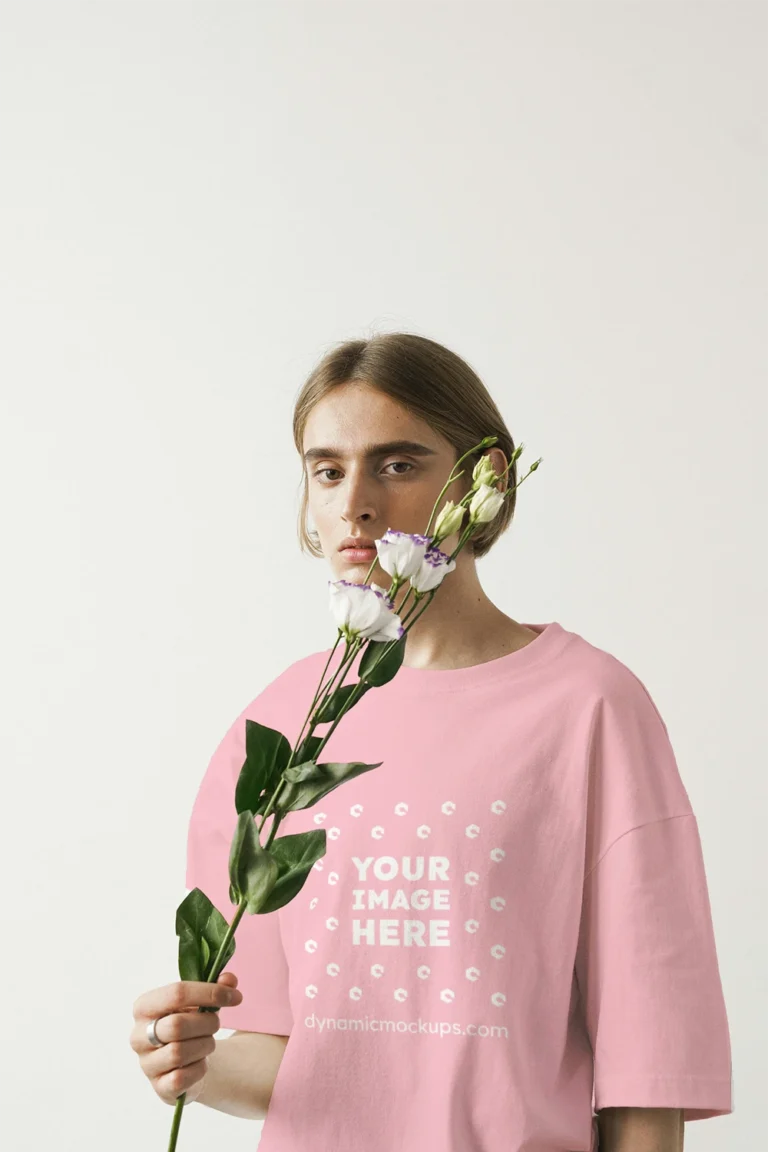 Woman Wearing Pink T-shirt Mockup Front View Template