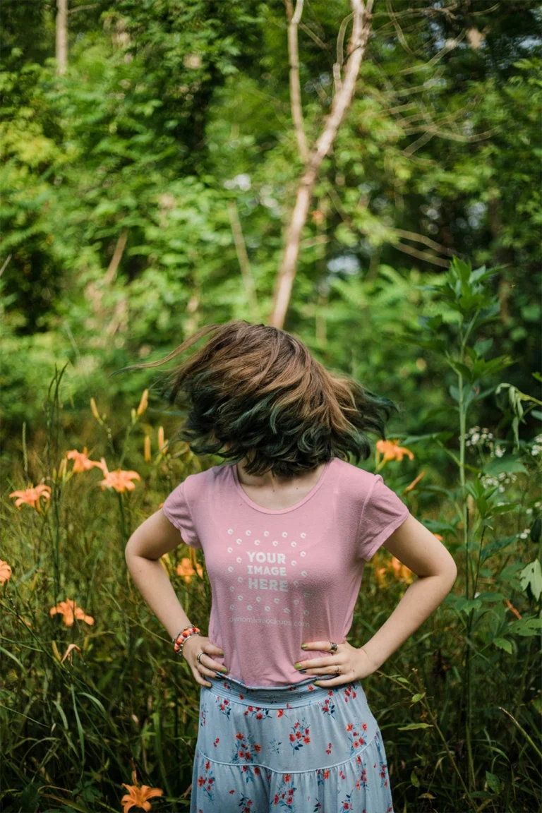 Woman Wearing Pink T-shirt Mockup Front View Template