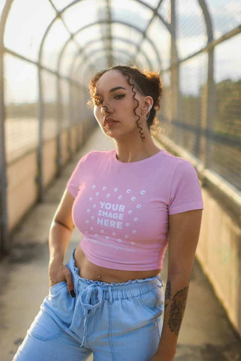 Woman Wearing Pink T-shirt Mockup Front View Template