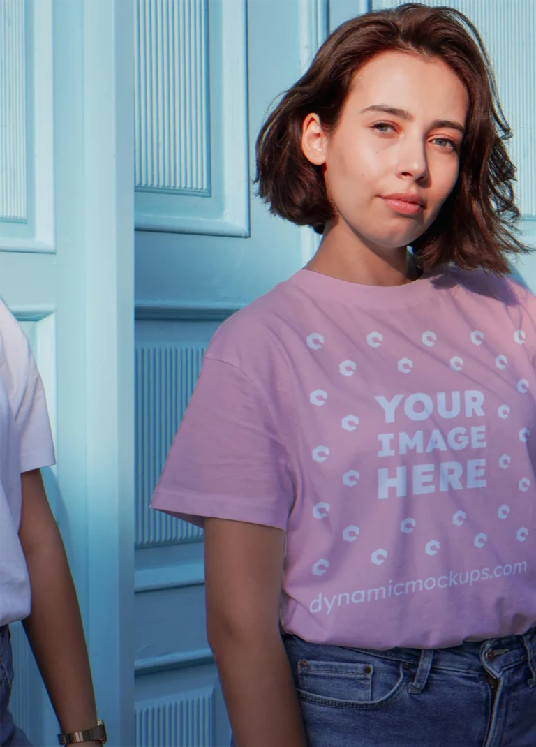 Woman Wearing Pink T-shirt Mockup Front View Template