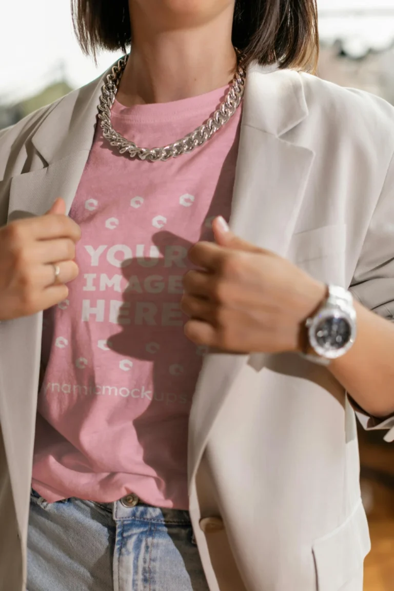 Woman Wearing Pink T-shirt Mockup Front View Template