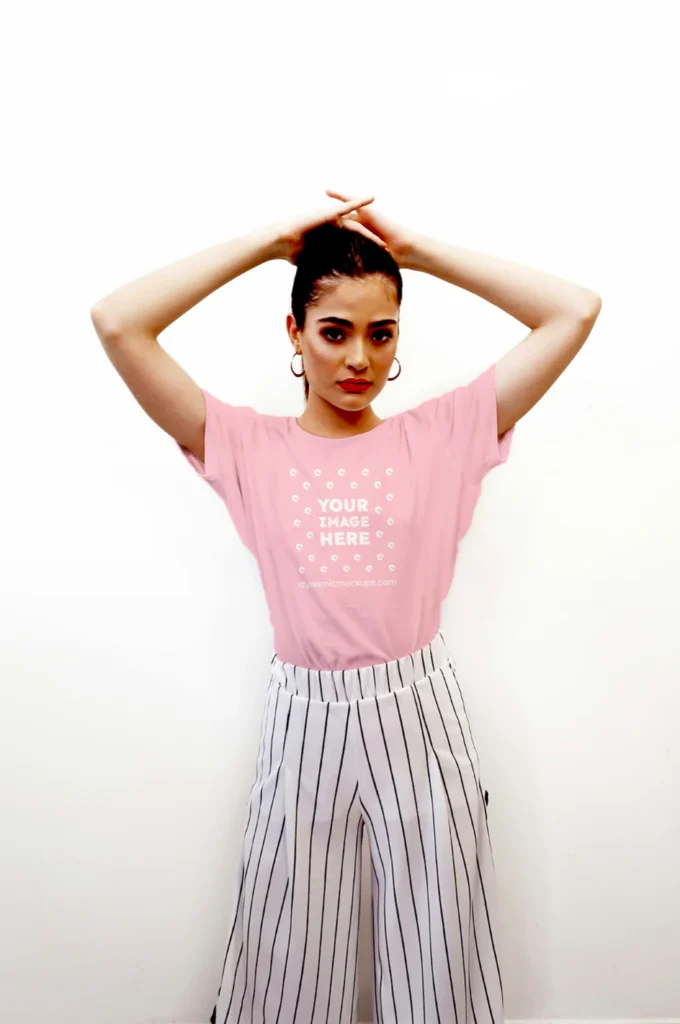 Woman Wearing Pink T-shirt Mockup Front View Template