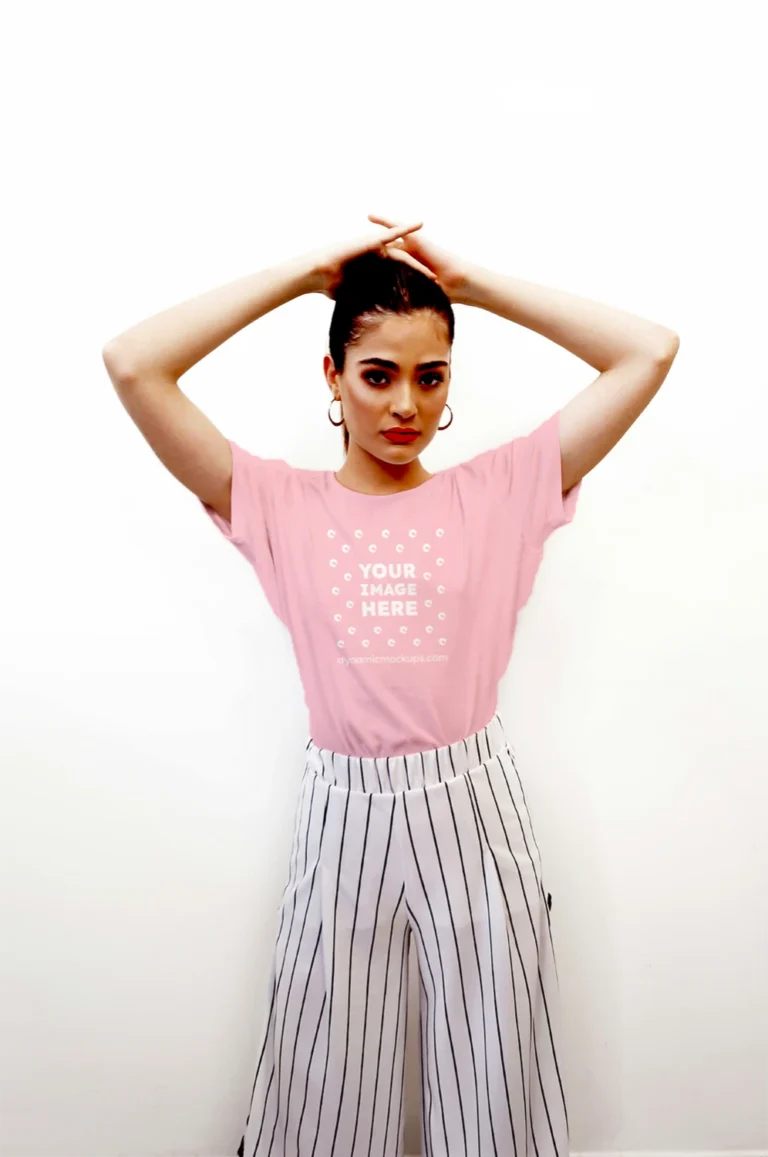 Woman Wearing Pink T-shirt Mockup Front View Template