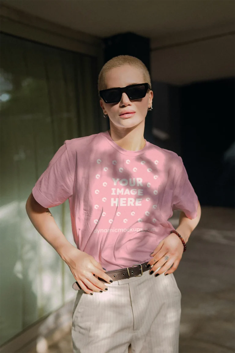 Woman Wearing Pink T-shirt Mockup Front View Template
