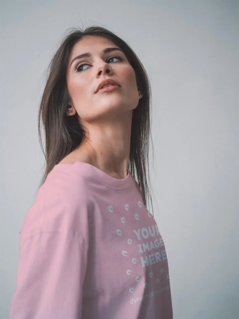 Woman Wearing Pink T-shirt Mockup Front View Template