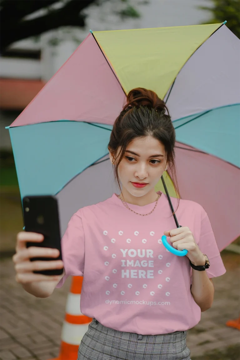 Woman Wearing Pink T-shirt Mockup Front View Template