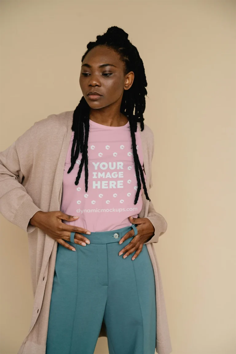 Woman Wearing Pink T-shirt Mockup Front View Template
