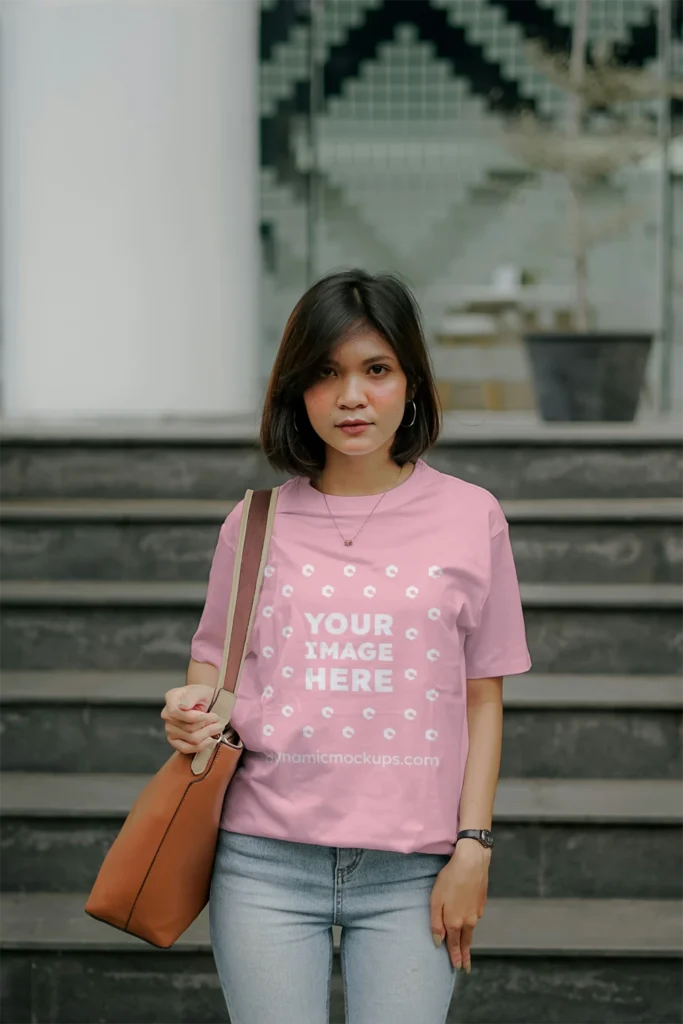 Woman Wearing Pink T-shirt Mockup Front View Template