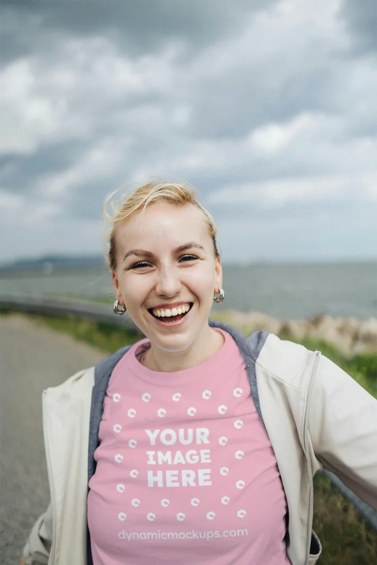 Woman Wearing Pink T-shirt Mockup Front View Template