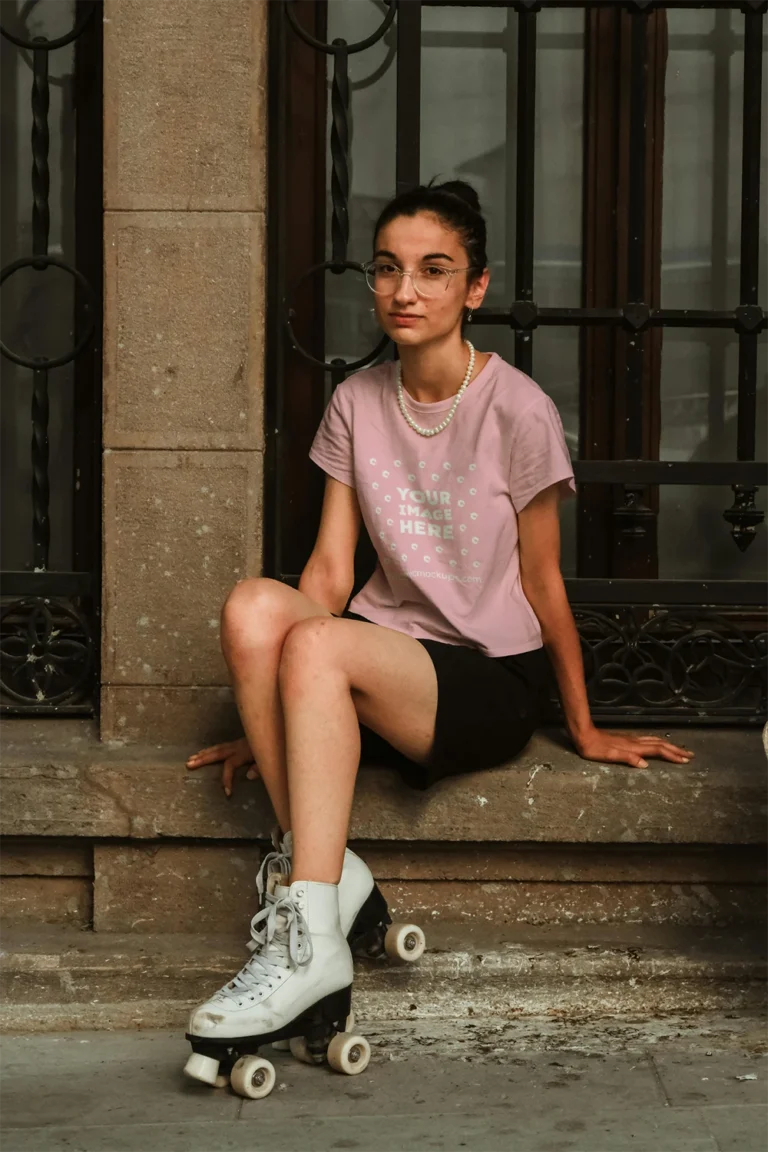 Woman Wearing Pink T-shirt Mockup Front View Template