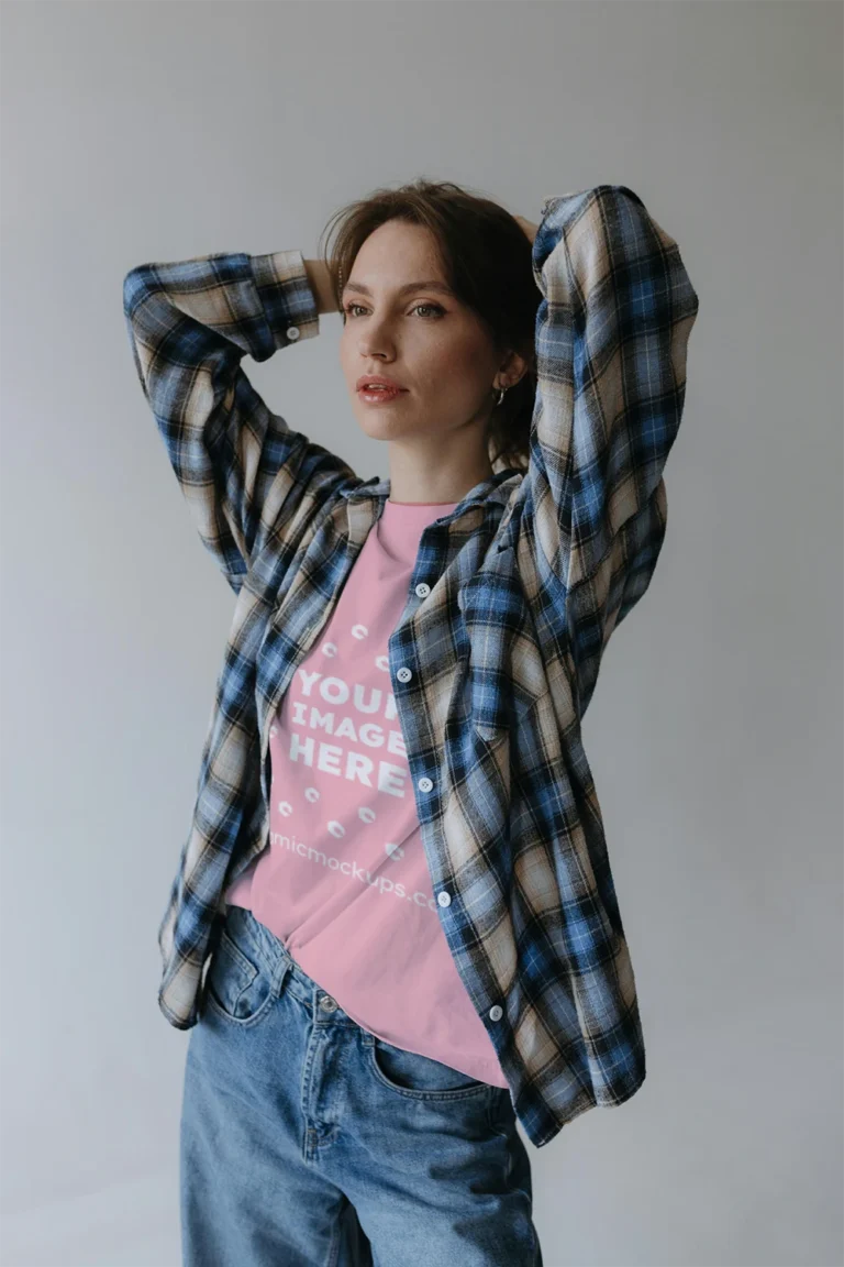 Woman Wearing Pink T-shirt Mockup Front View Template