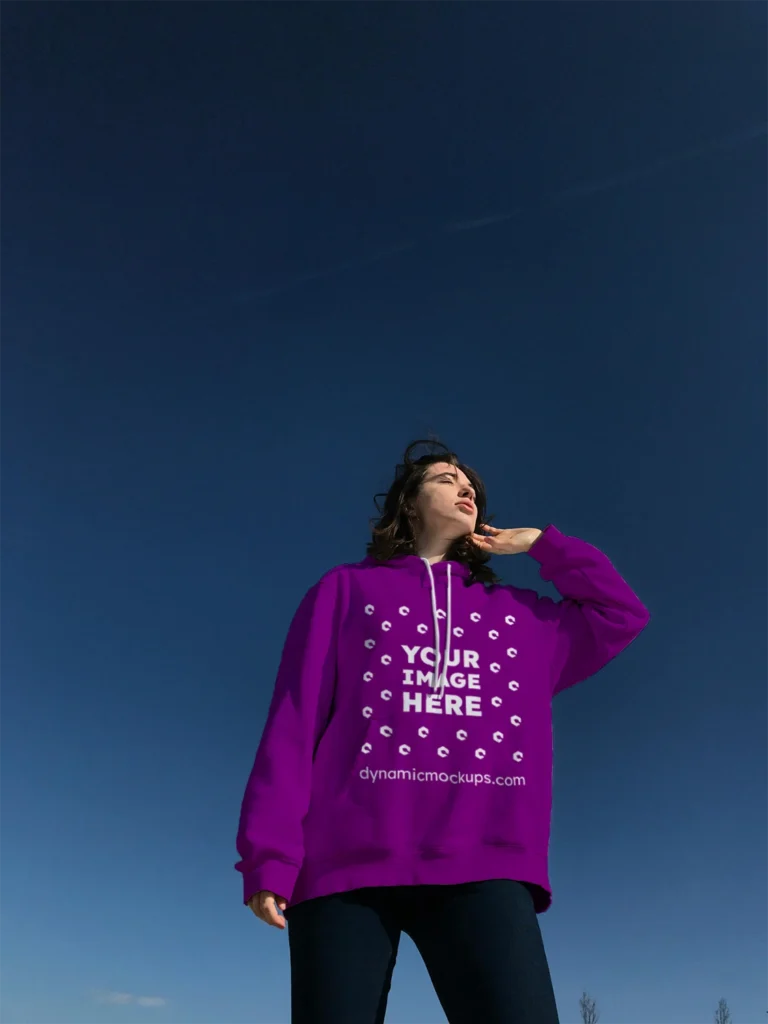 Woman Wearing Purple Hoodie Mockup Front View Template