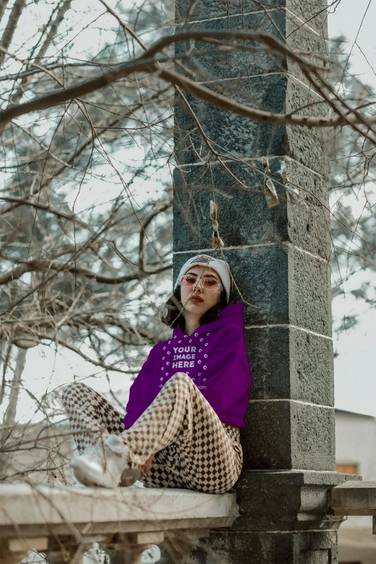 Woman Wearing Purple Hoodie Mockup Front View Template