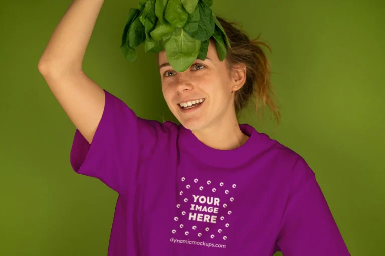 Woman Wearing Purple T-shirt Mockup Front View Template