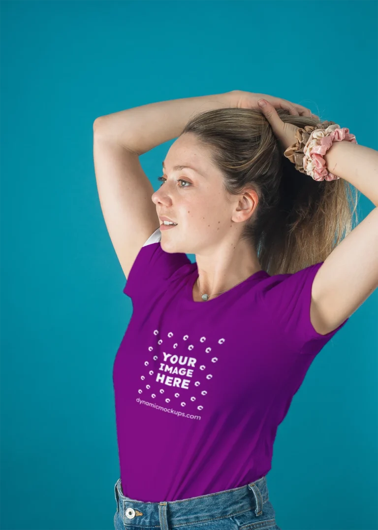 Woman Wearing Purple T-shirt Mockup Front View Template