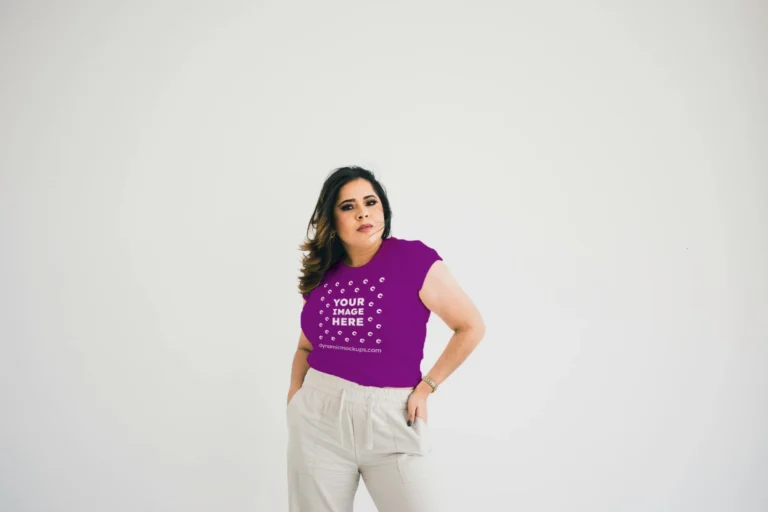 Woman Wearing Purple T-shirt Mockup Front View Template