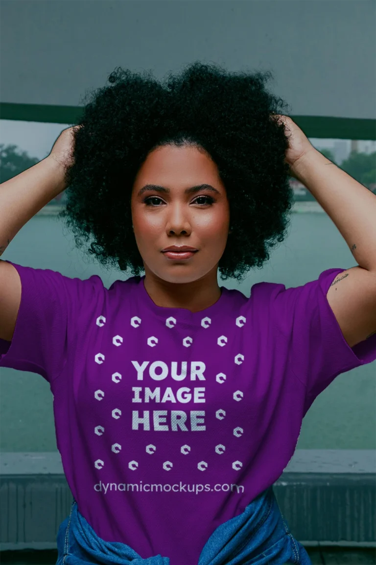 Woman Wearing Purple T-shirt Mockup Front View Template