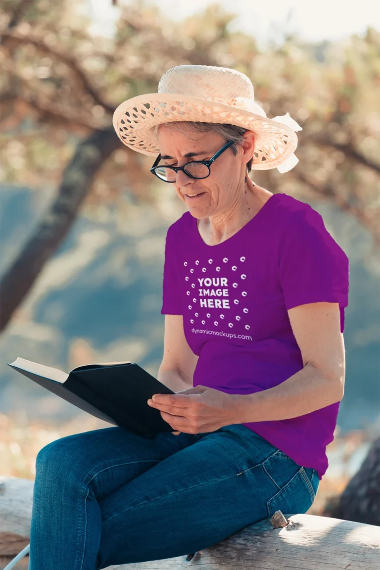 Woman Wearing Purple T-shirt Mockup Front View Template