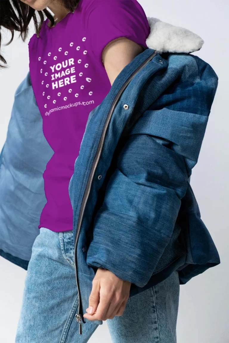 Woman Wearing Purple T-shirt Mockup Front View Template