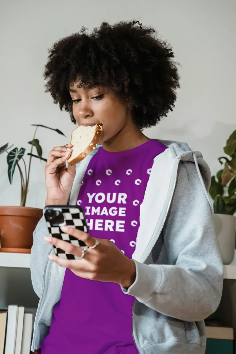 Woman Wearing Purple T-shirt Mockup Front View Template