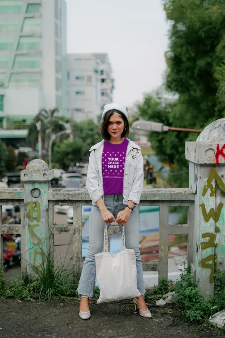 Woman Wearing Purple T-shirt Mockup Front View Template