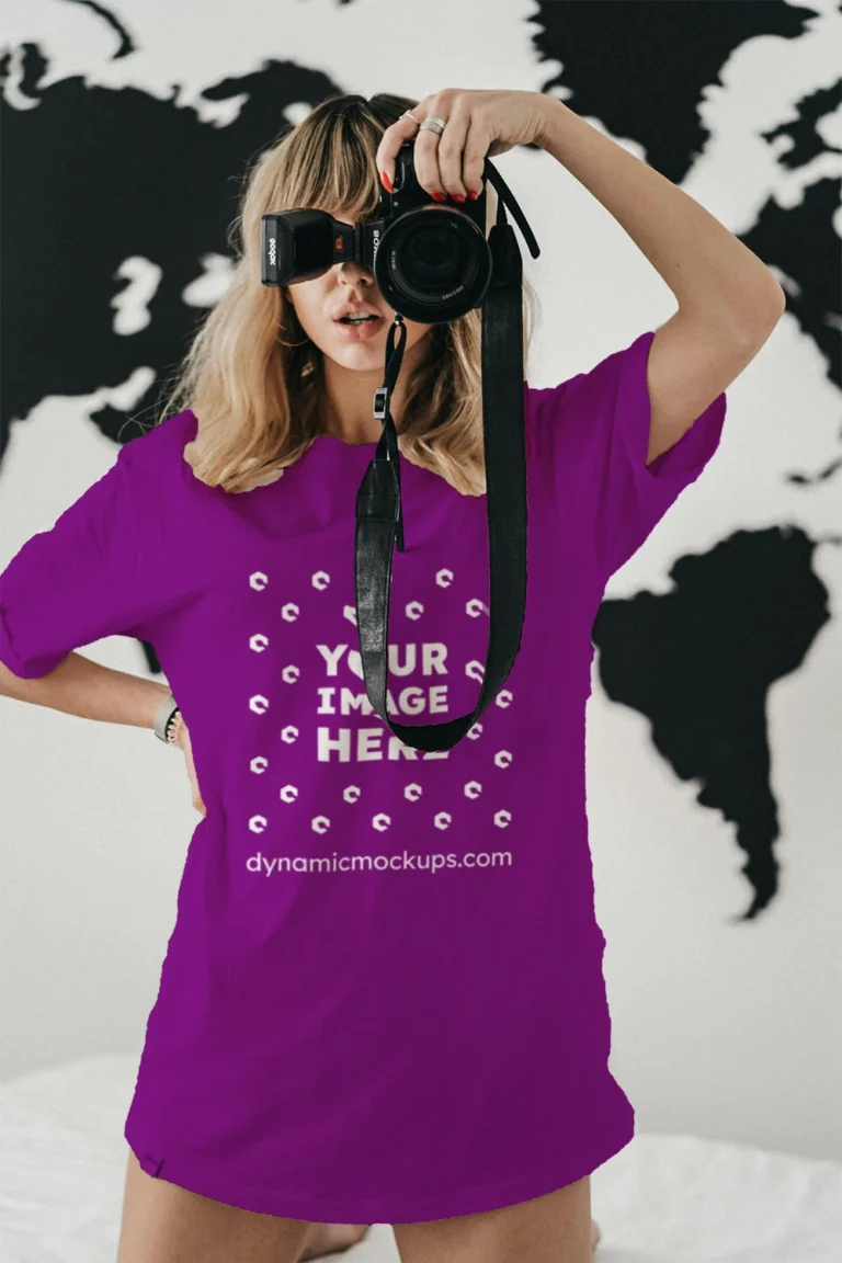 Woman Wearing Purple T-shirt Mockup Front View Template