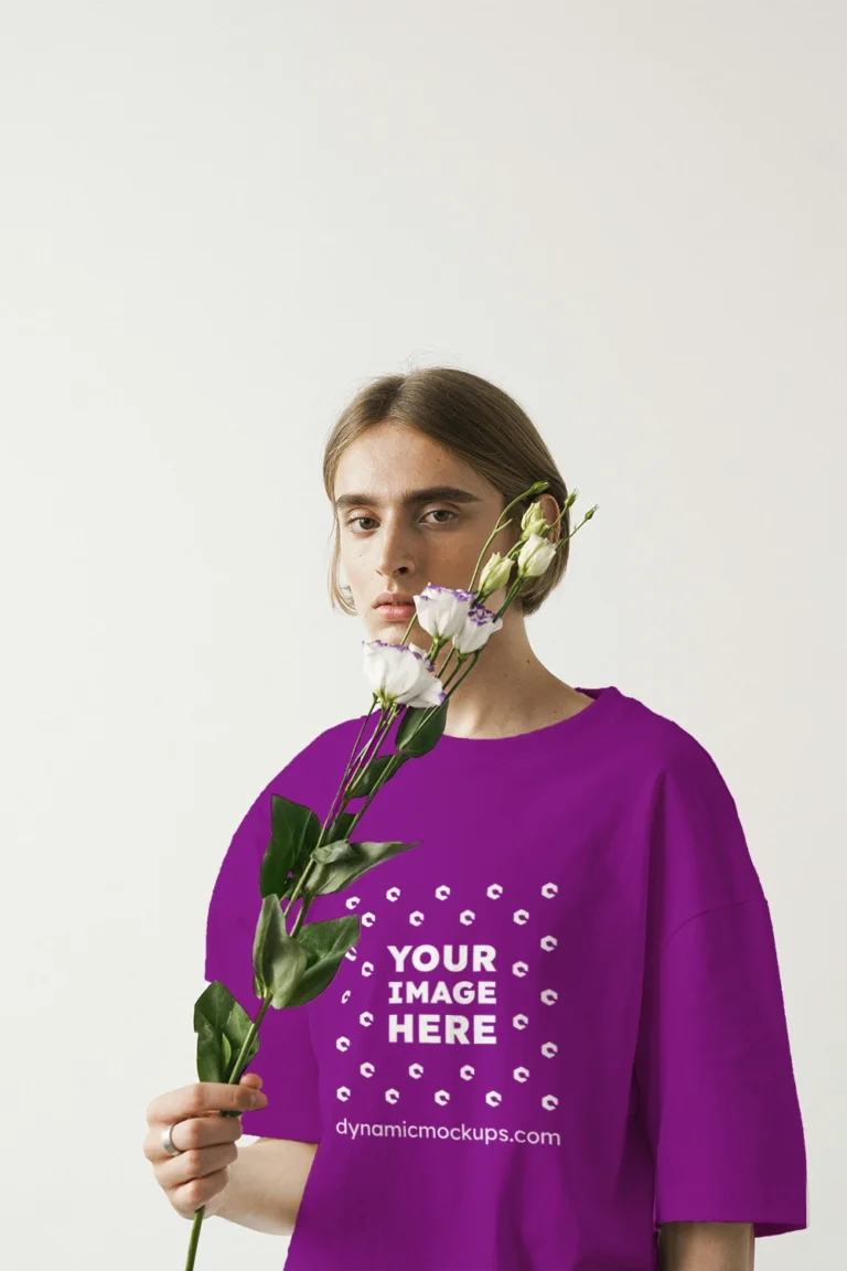 Woman Wearing Purple T-shirt Mockup Front View Template