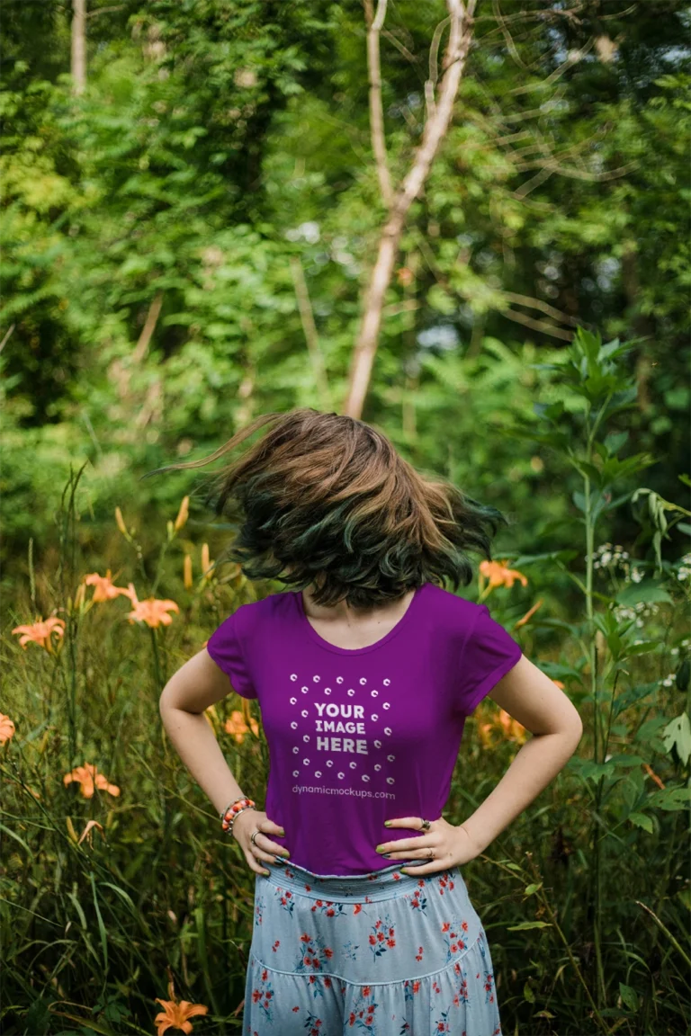 Woman Wearing Purple T-shirt Mockup Front View Template