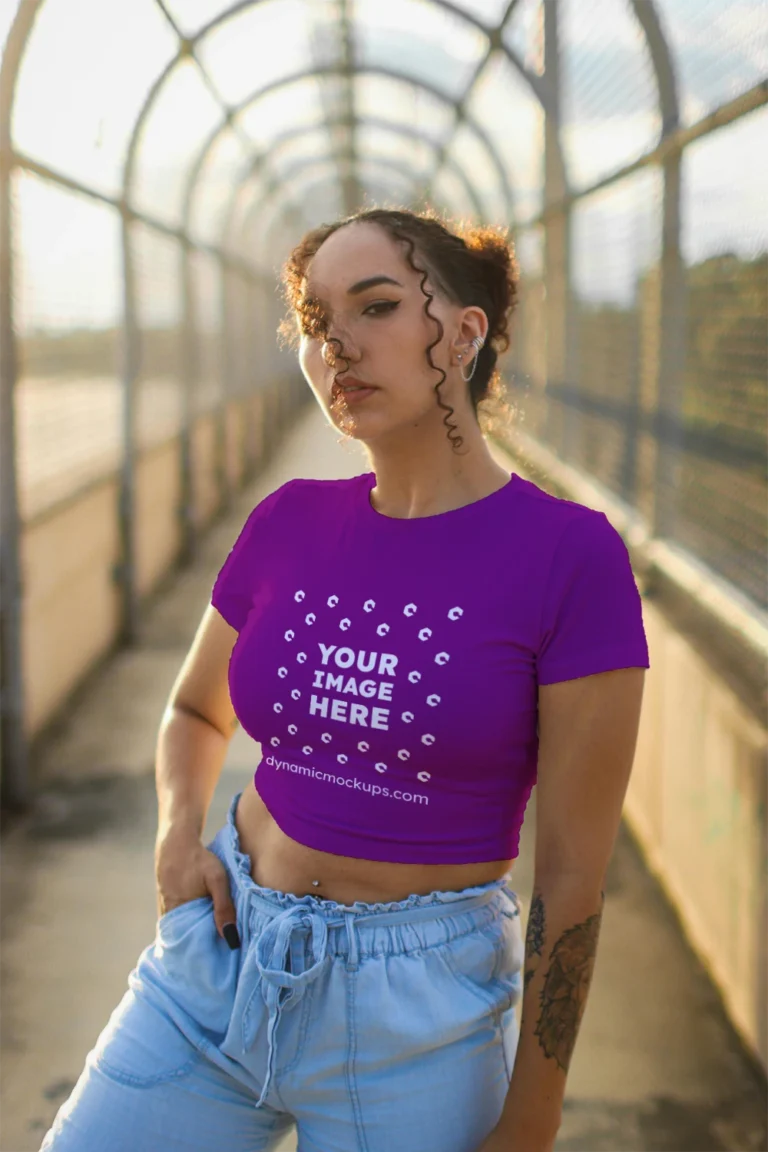 Woman Wearing Purple T-shirt Mockup Front View Template