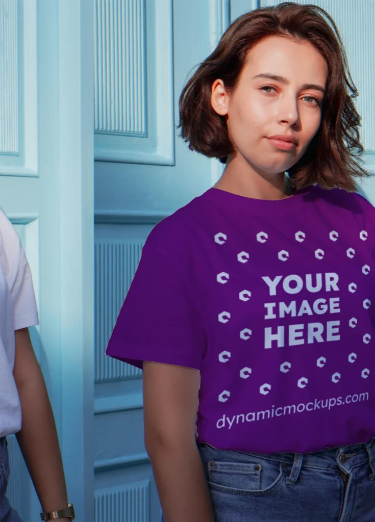 Woman Wearing Purple T-shirt Mockup Front View Template