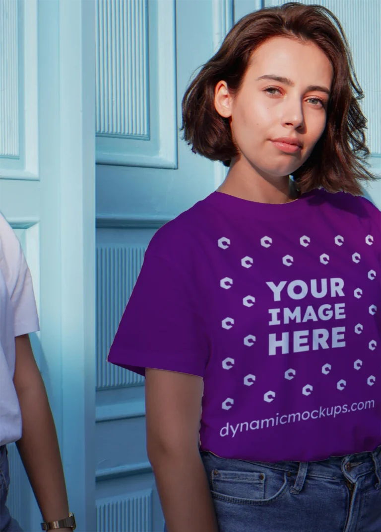 Woman Wearing Purple T-shirt Mockup Front View Template
