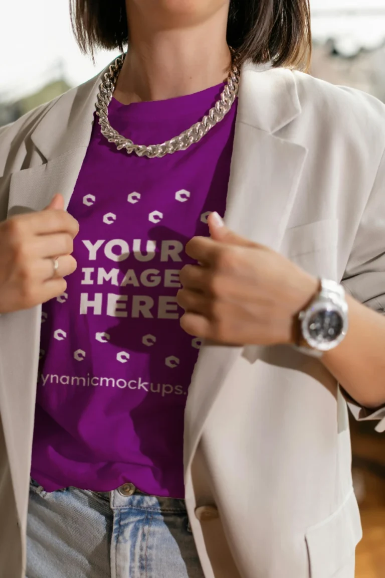 Woman Wearing Purple T-shirt Mockup Front View Template