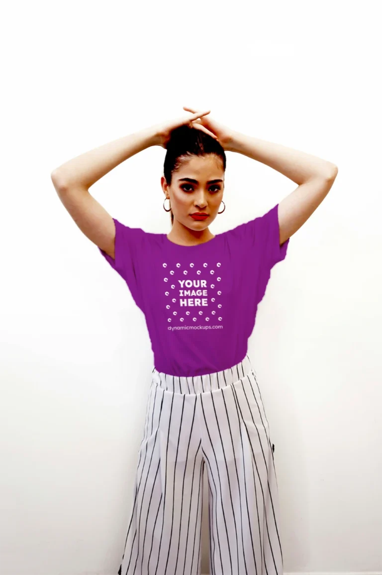 Woman Wearing Purple T-shirt Mockup Front View Template