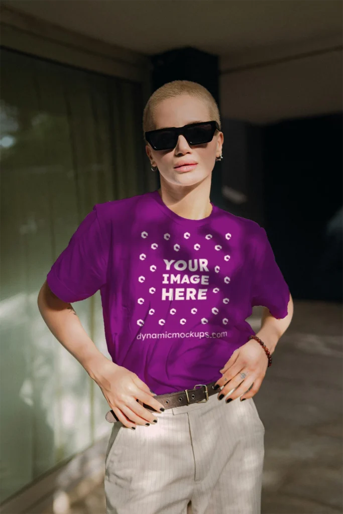 Woman Wearing Purple T-shirt Mockup Front View Template