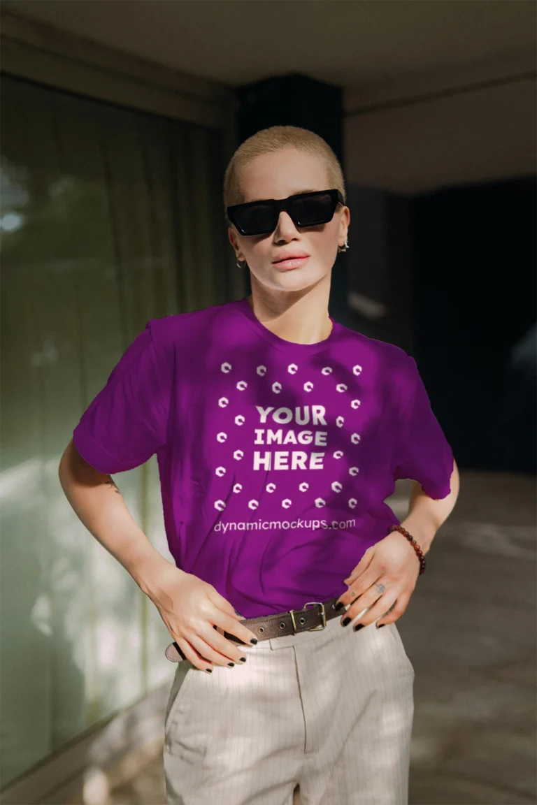 Woman Wearing Purple T-shirt Mockup Front View Template