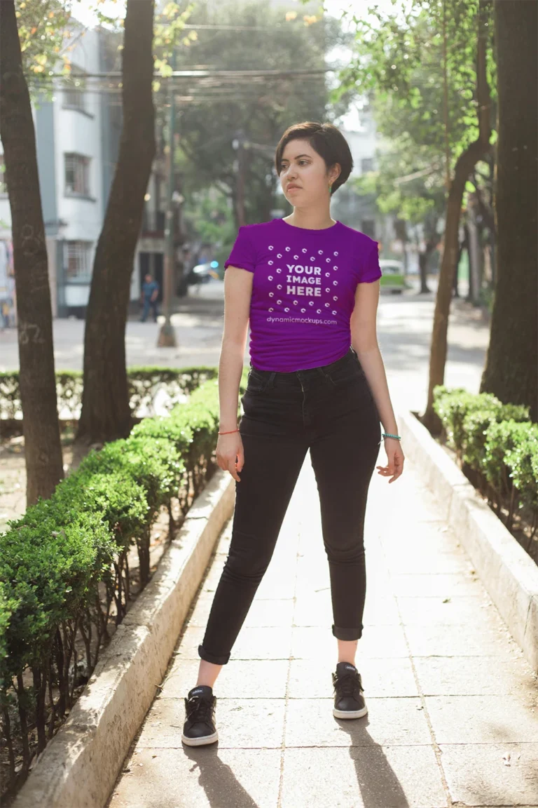 Woman Wearing Purple T-shirt Mockup Front View Template