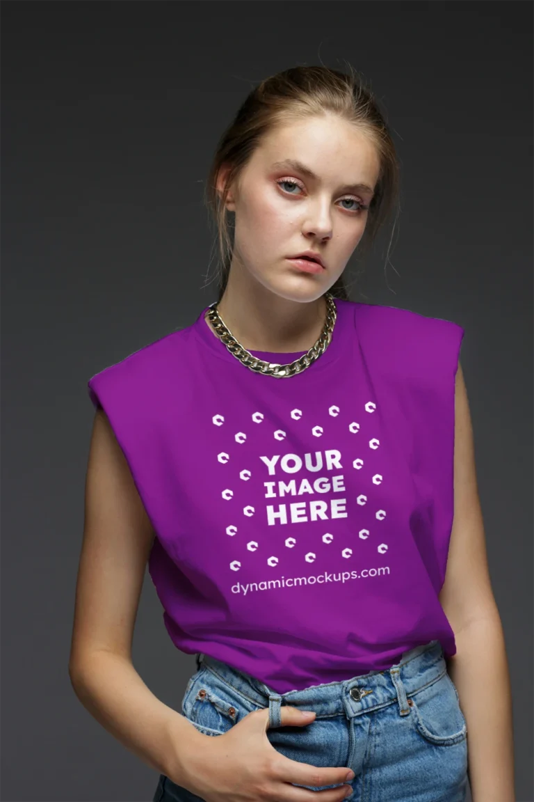 Woman Wearing Purple T-shirt Mockup Front View Template