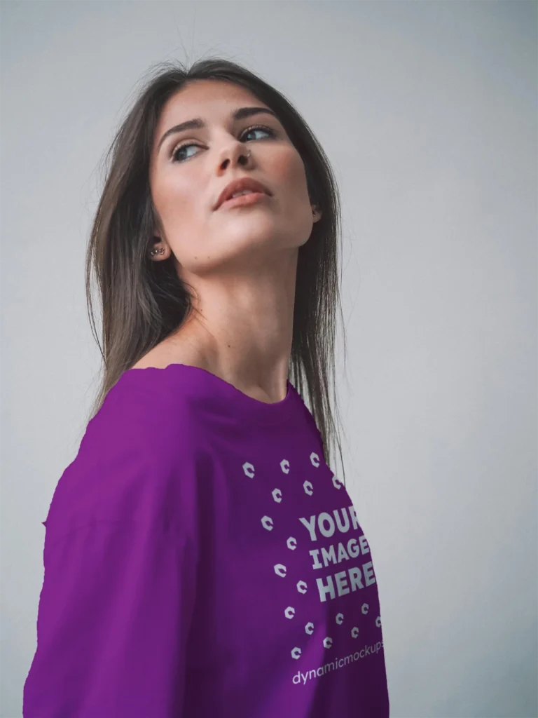 Woman Wearing Purple T-shirt Mockup Front View Template